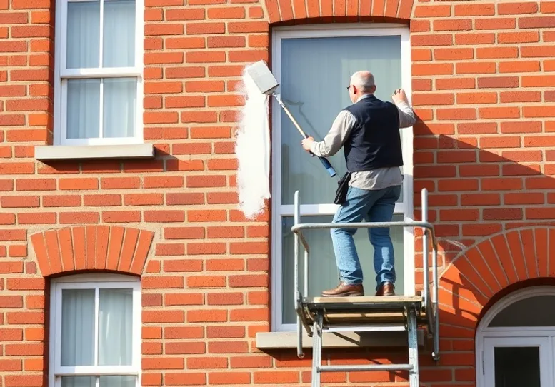 Peintre sur échafaudage traitant la façade d'une maison