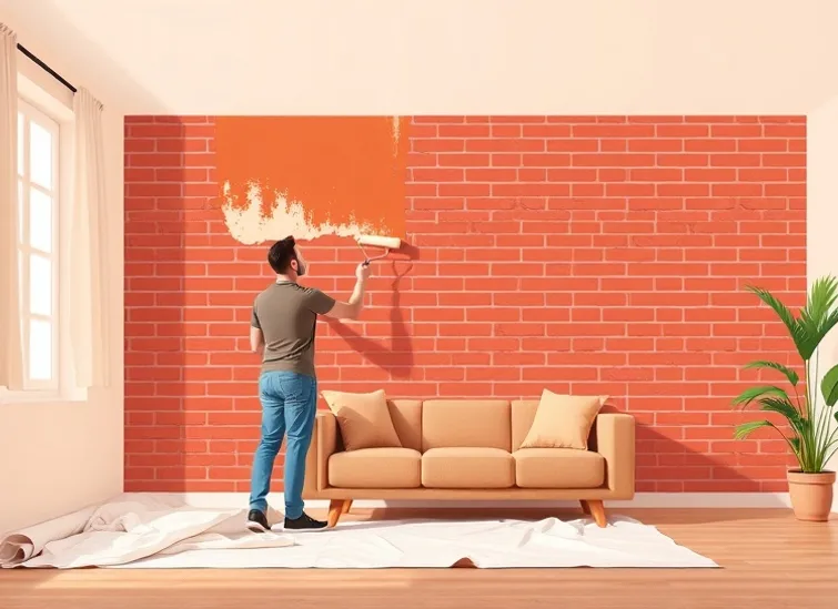 Peintre appliquant la peinture au rouleau sur un mur de salon